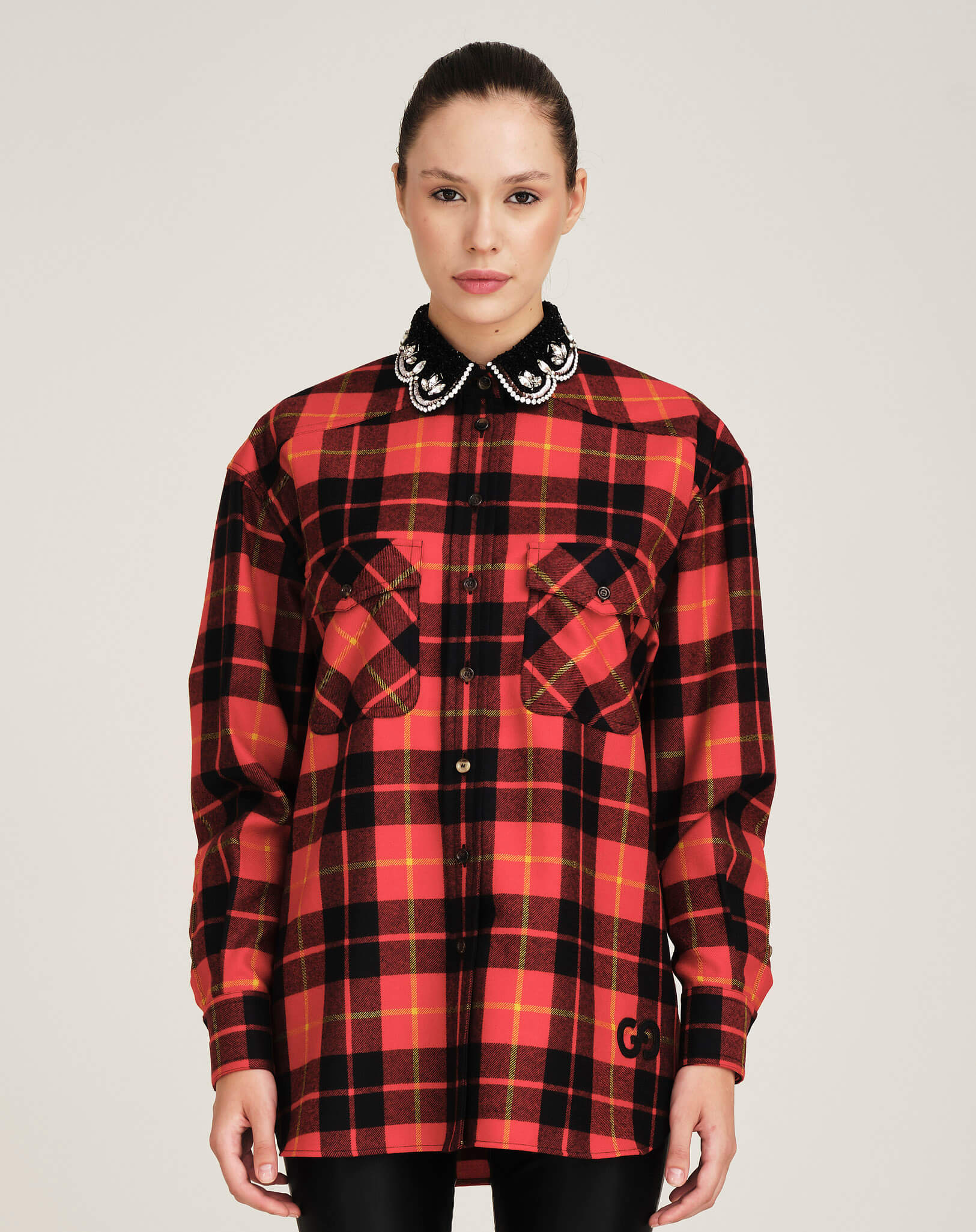 Gucci - Beaded Collar Check Red Shirt IT40 -OVERSIZE